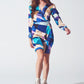 Q2 Wrap Short Abstract Print Dress in Blue
