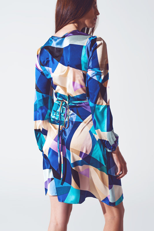 Wrap Short Abstract Print Dress in Blue - Szua Store
