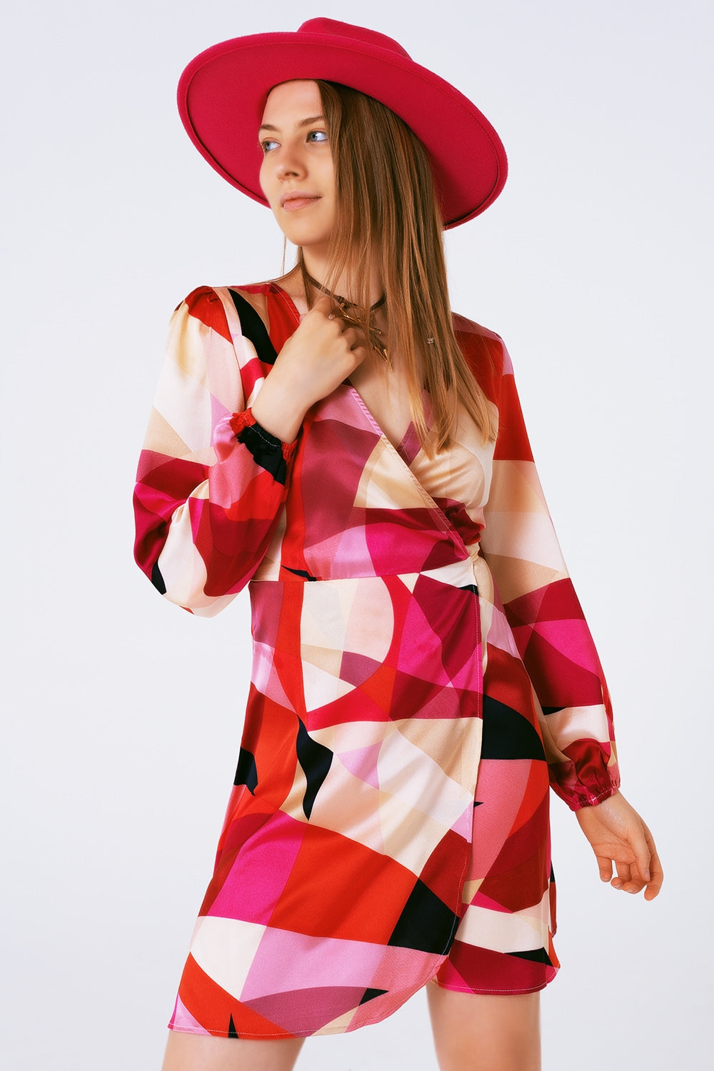 Wrap Short Abstract Print Dress in Fuxia - Szua Store