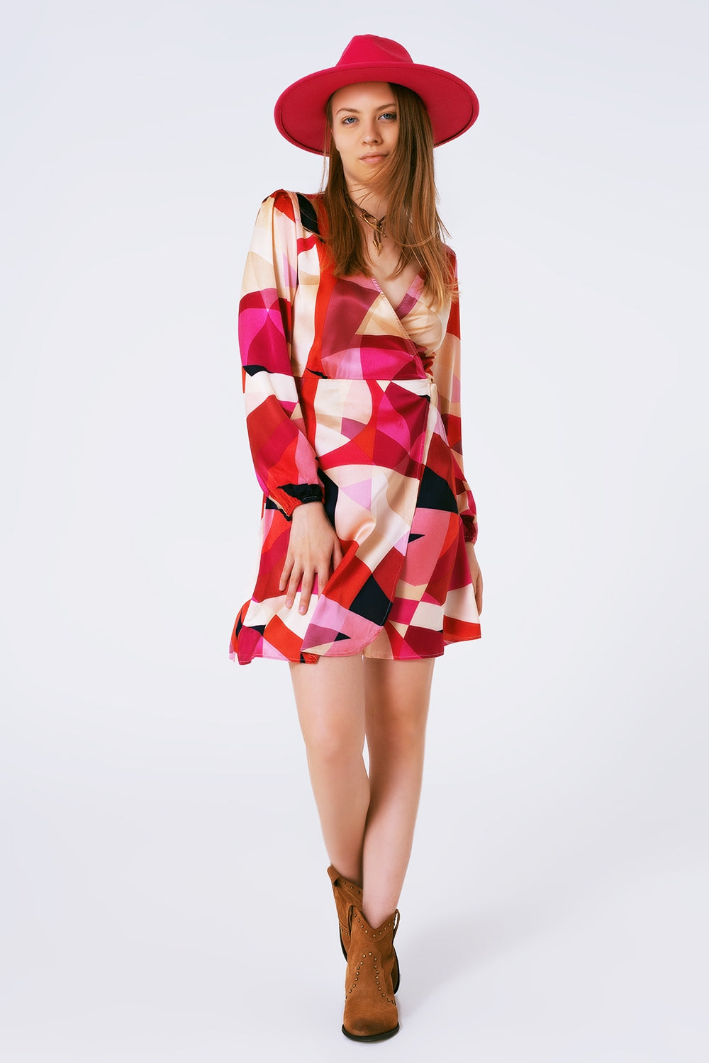Wrap Short Abstract Print Dress in Fuxia - Szua Store