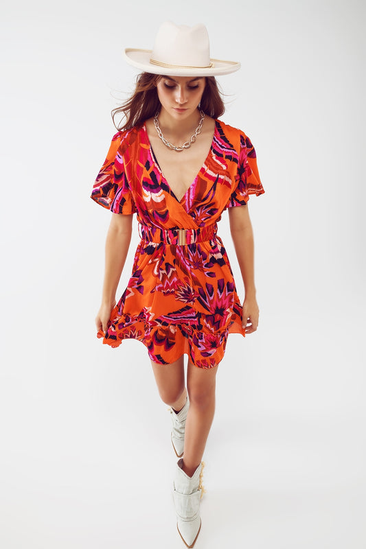 Q2 Wrap Short Dress With Angel Sleeves In Abstract Floral Print