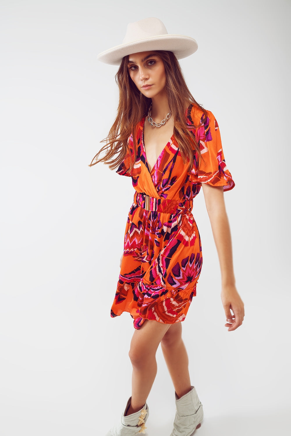 Wrap Short Dress With Angel Sleeves In Abstract Floral Print - Szua Store