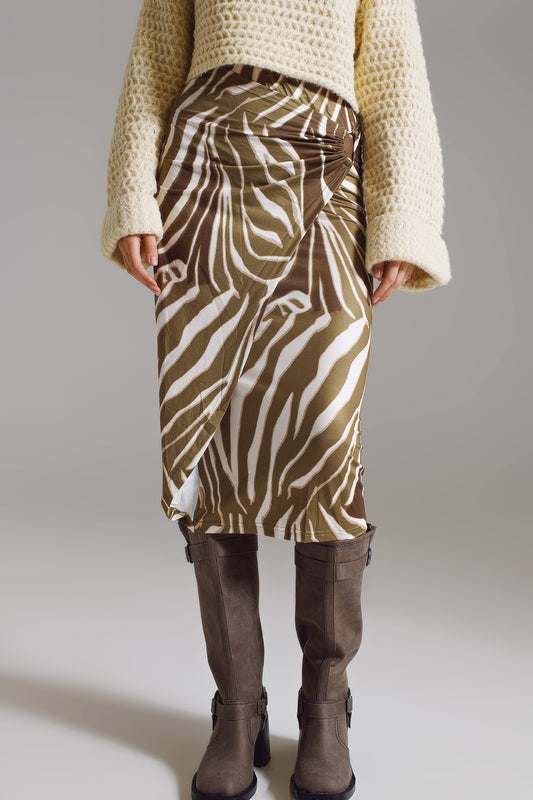 Q2 Wrap skirt with gathered detail at the side in Olive Green and Cream Zebra Print