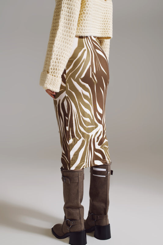 Wrap skirt with gathered detail at the side in Olive Green and Cream Zebra Print
