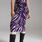 Q2 Wrap skirt with gathered detail at the side in Purple and Cream Zebra Print