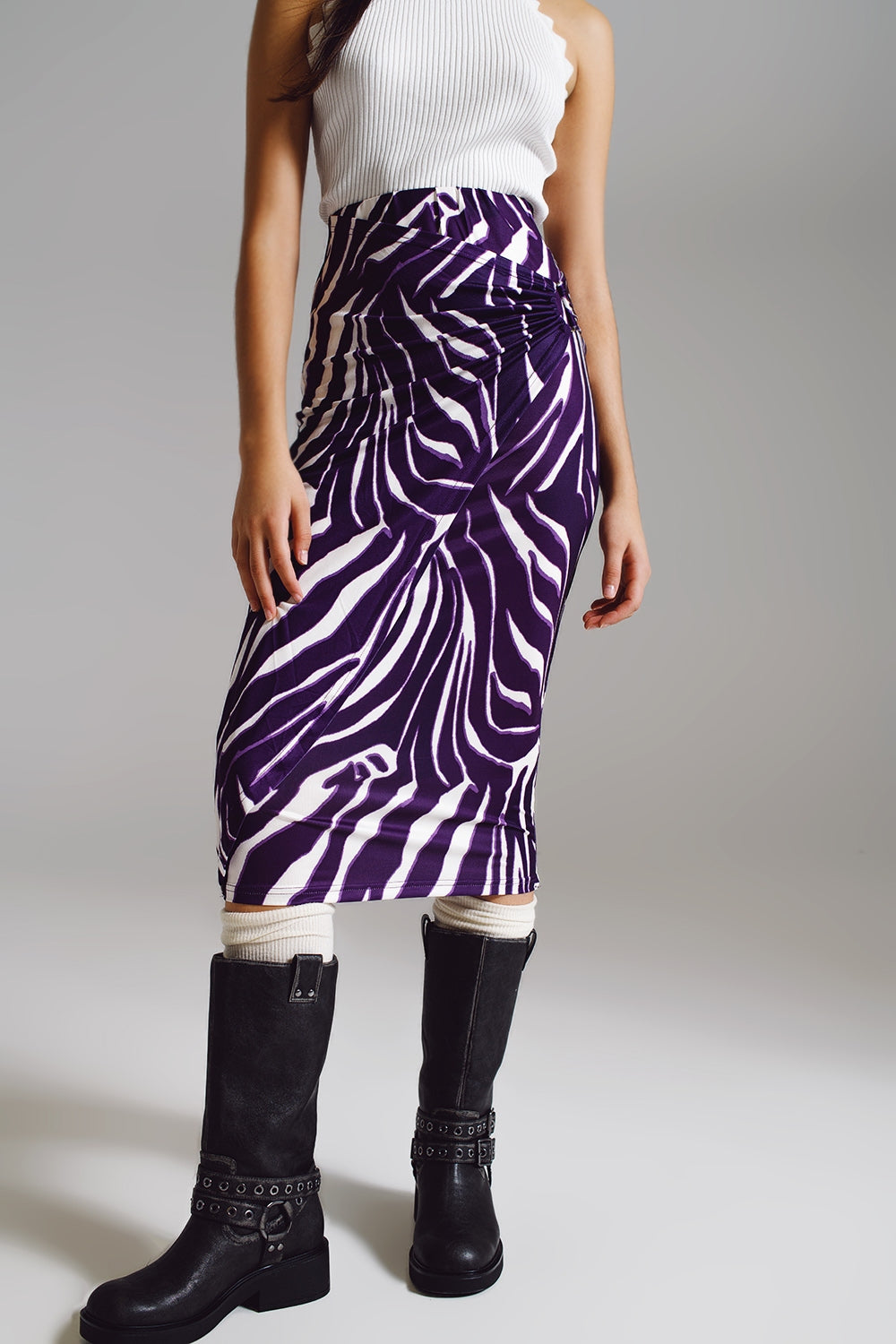 Q2 Wrap skirt with gathered detail at the side in Purple and Cream Zebra Print