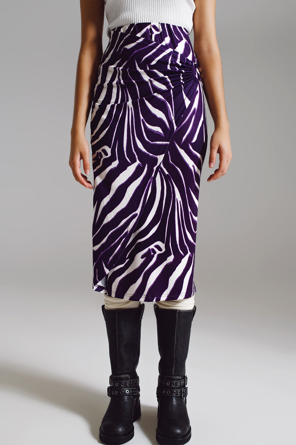 Wrap skirt with gathered detail at the side in Purple and Cream Zebra Print