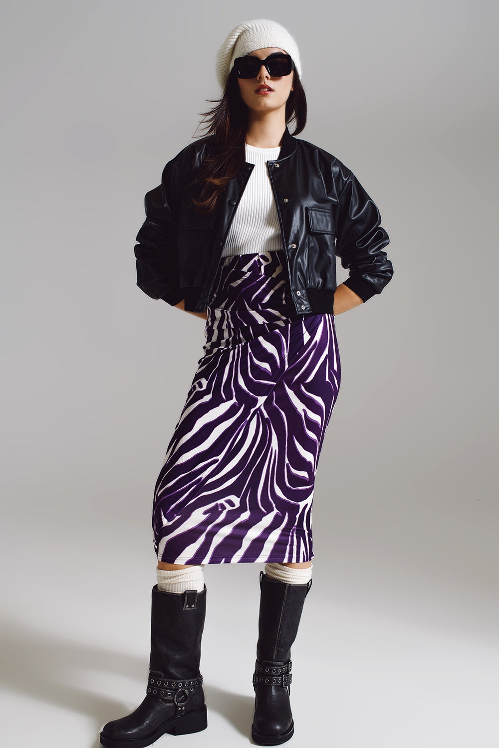 Wrap skirt with gathered detail at the side in Purple and Cream Zebra Print