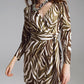Q2 Wrapped Long Sleeve dress With Belt in Cream and Olive Green Zebra Print