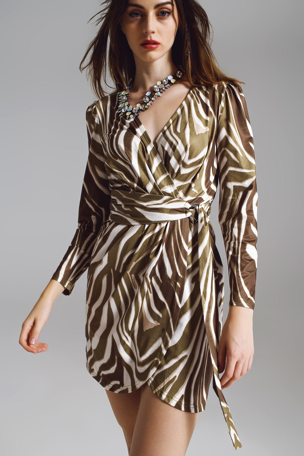 Q2 Wrapped Long Sleeve dress With Belt in Cream and Olive Green Zebra Print