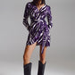 Q2 Wrapped Long Sleeve dress With Belt in Cream and Purple Zebra Print