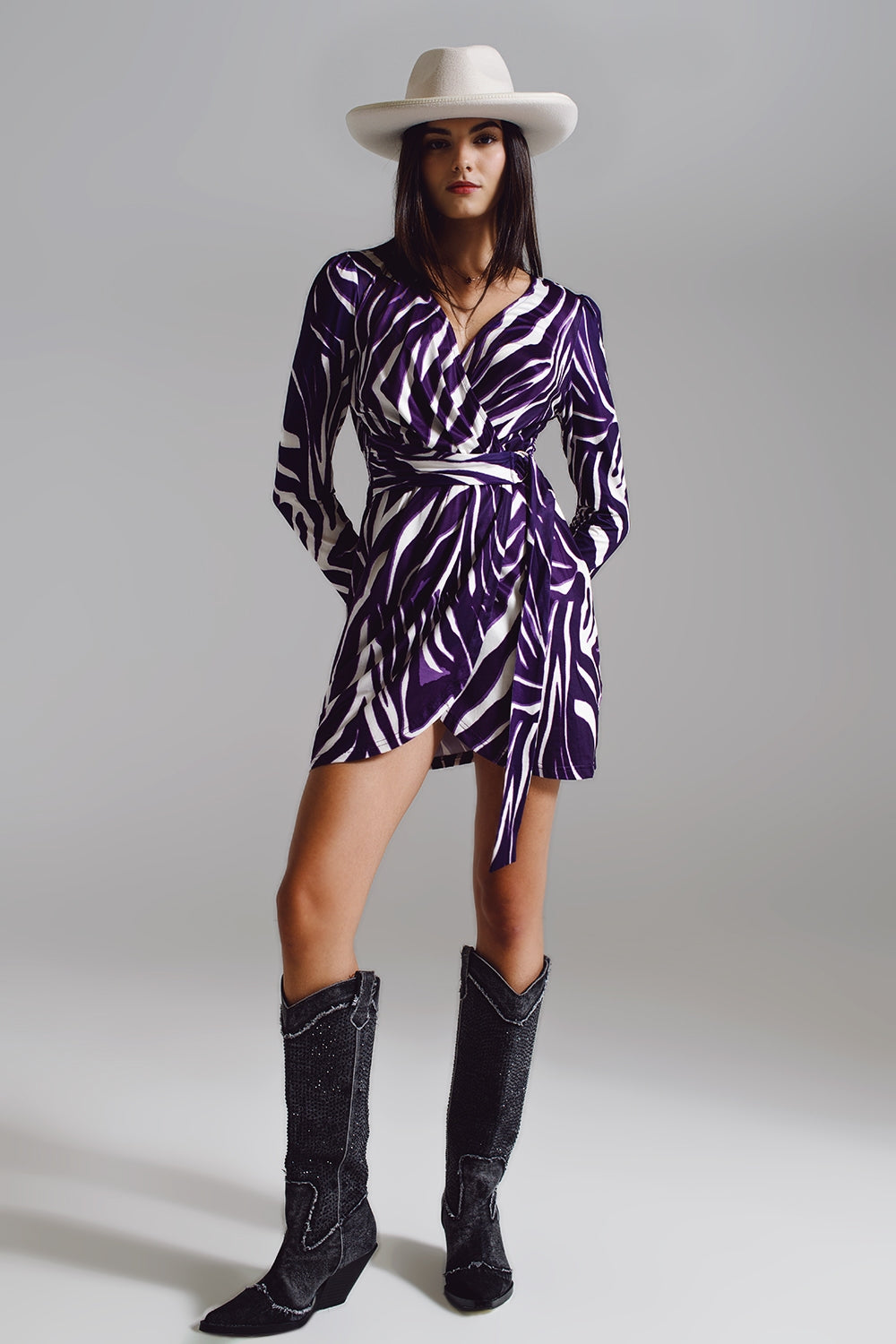 Q2 Wrapped Long Sleeve dress With Belt in Cream and Purple Zebra Print