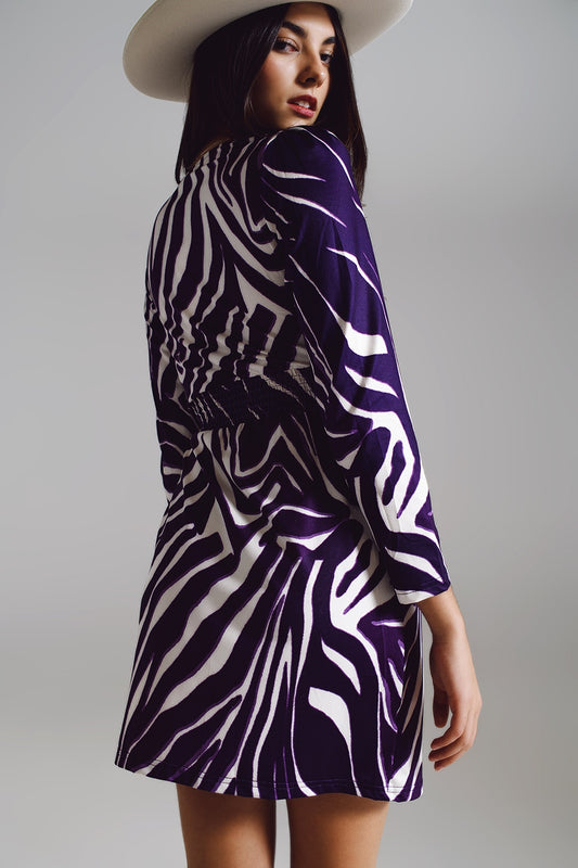 Wrapped Long Sleeve dress With Belt in Cream and Purple Zebra Print
