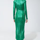 Wrapped Party Dress With Plunge Neckline in Metallic Green